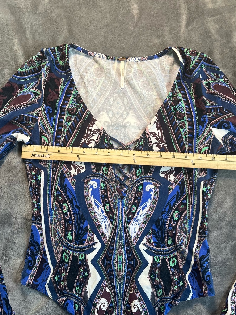 Free People Blue Paisley Lace-Up V-Neck Long Sleeve Bodysuit - Picture 6 of 8